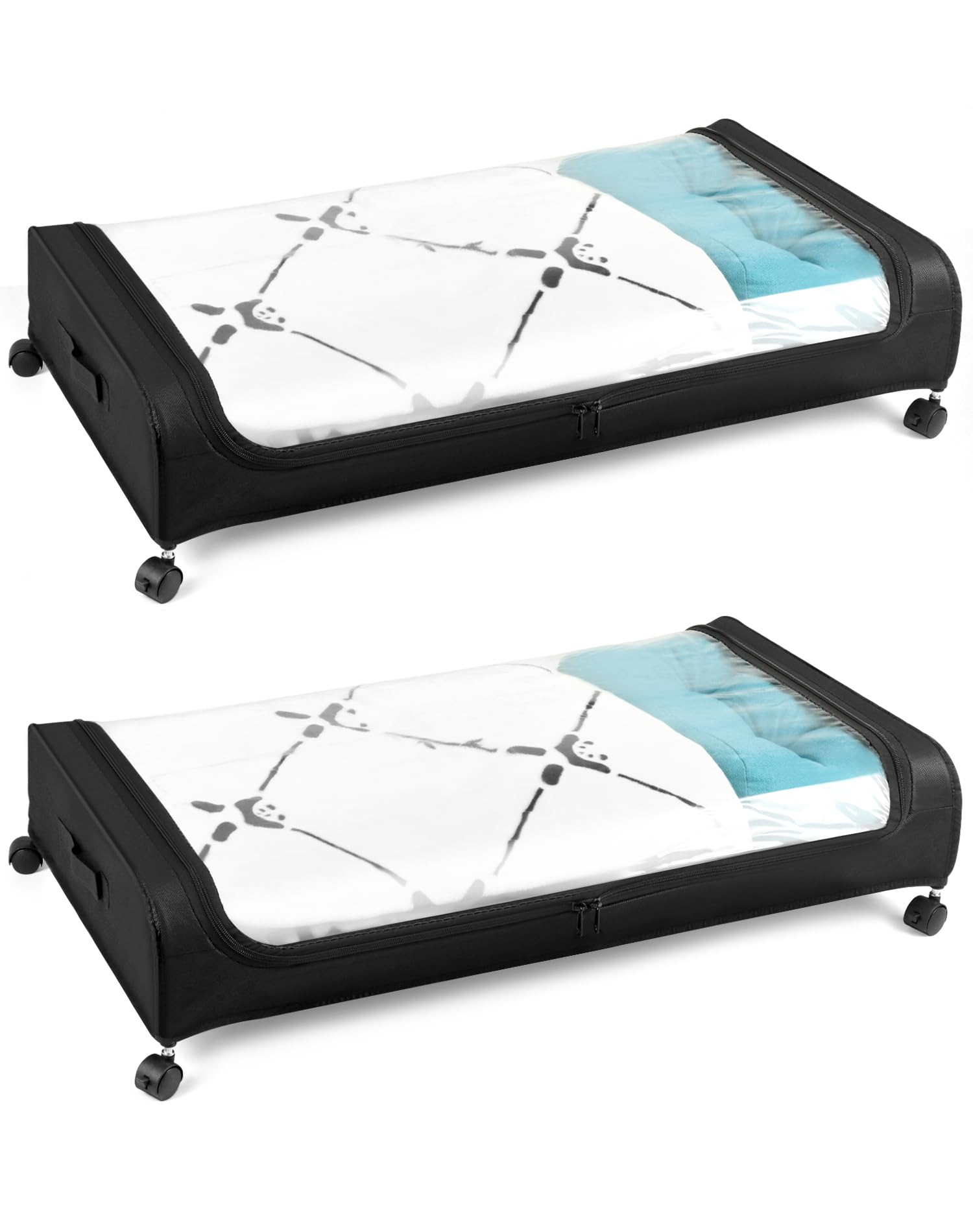 QWORK® Pack de 2 cajas de almacenaje debajo de la cama con ruedas, con tapa transparente y estructura de metal (80x40x18 cm)