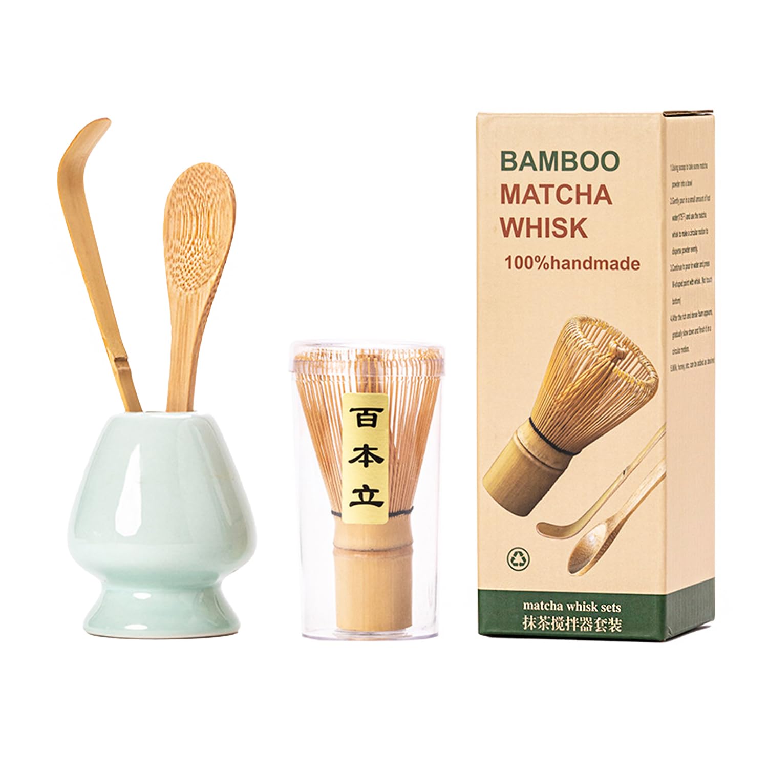 Matcha Whisk Set - Matcha Set 4 Pcs - Bamboo Matcha Whisk + Ceramic Whisk Holder + Scoop +Spoon - 100% Handmade from natural Bamboo - for starter