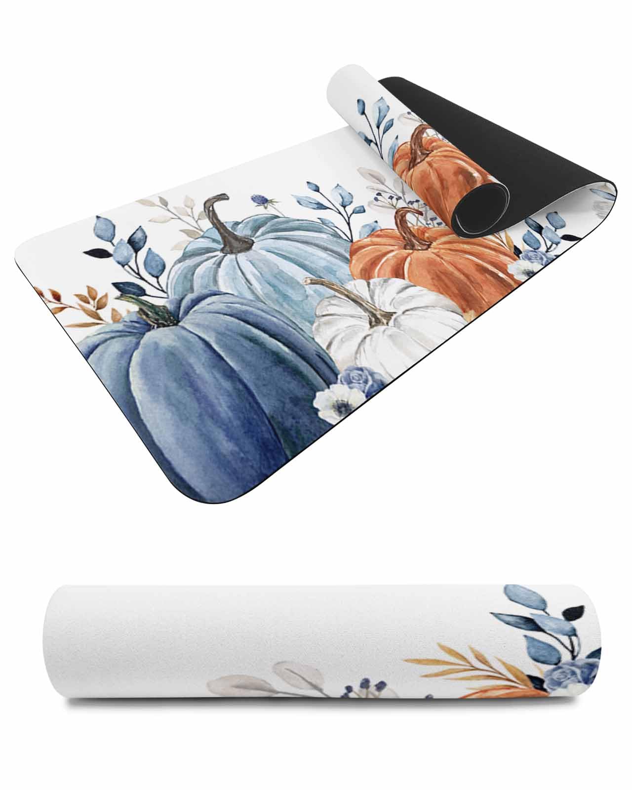 Debedcor Heat Proof Table Pads Waterproof Decorative, Blue White Pumpkins Non-Slip Table Countertop Protector, Thanksgiving Eucalyptus Leaves Insulation Mat for Dining Room, 48 x 12 Inches