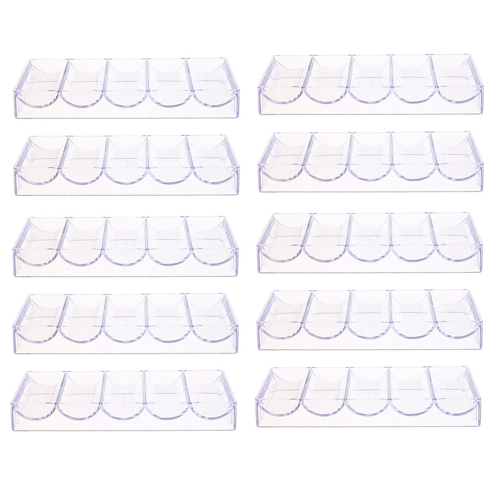 Pack of 10 Acrylic Poker Chips Tray Box Holder No Lid for 100 Chips Professional Casino Board Game Accessory