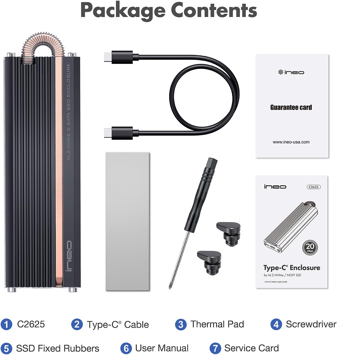 ineo M.2 NVMe NGFF SSD Enclosure with Embedded Copper Column Cooling, 20Gbps External, Aluminum, Supports M Key & B+M Key, RTL9220DP