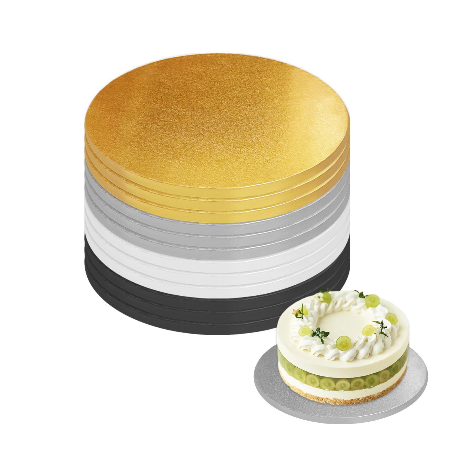 12 Stück Kuchenplatten, 1,27 cm dick, 30,5 cm, runde Kuchenplatten, vier Farben: Weiß, Gold, Silber und Schwarz, professionelle Qualität, Kuchenplatte, Kartonboden