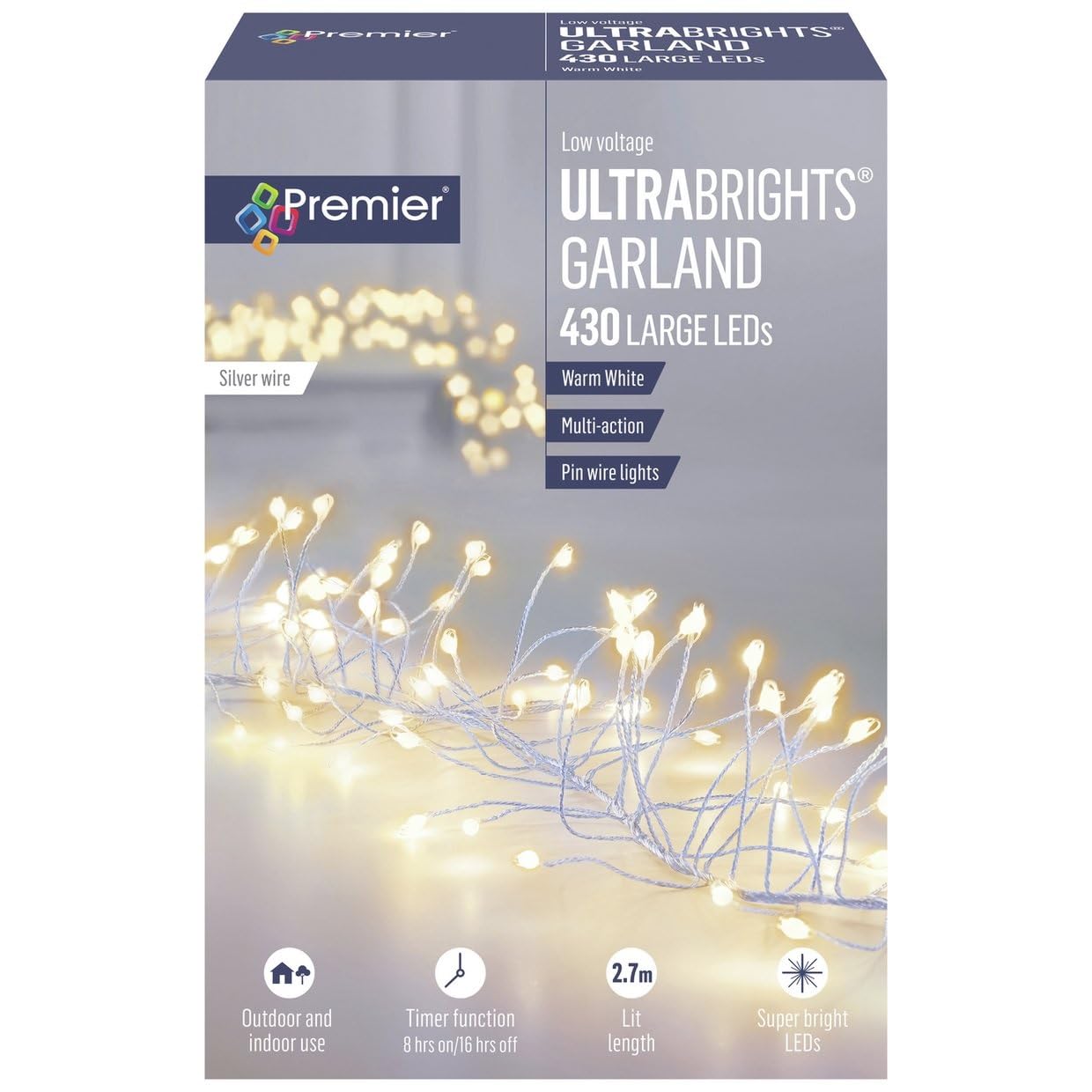 Premier Multi-Action Silver Garland Ultrabrights Fairy Lights 430 LEDs - Warm White
