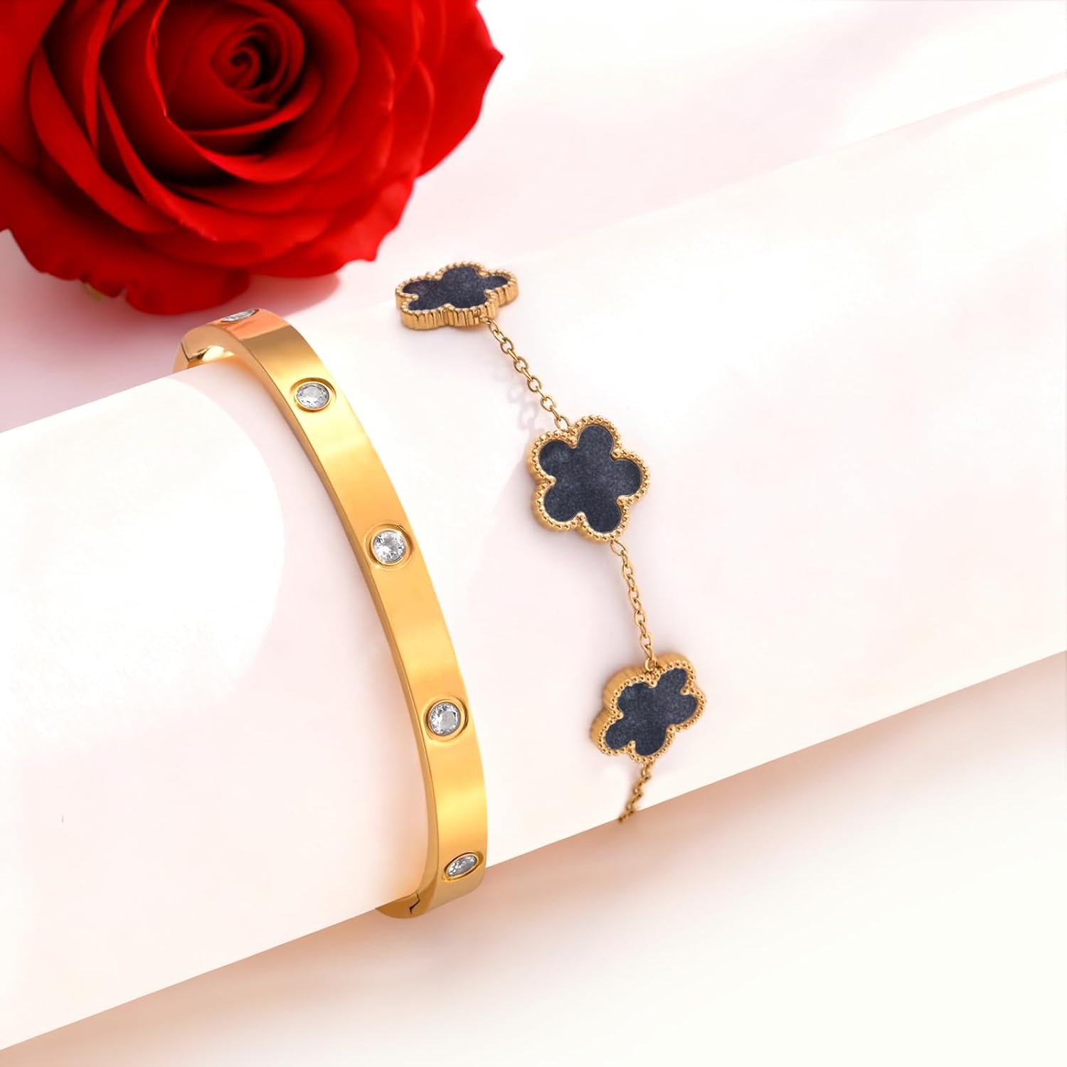 2Pcs Clover Bracelet Set for Women 18K Gold Plated Four Leaf Clover Bracelet Love Bangle Bracelet Stack Lucky Bracelets Gold Link Bracelets Trendy Jewelry Gift for Women Birthday Christmas - Image 3