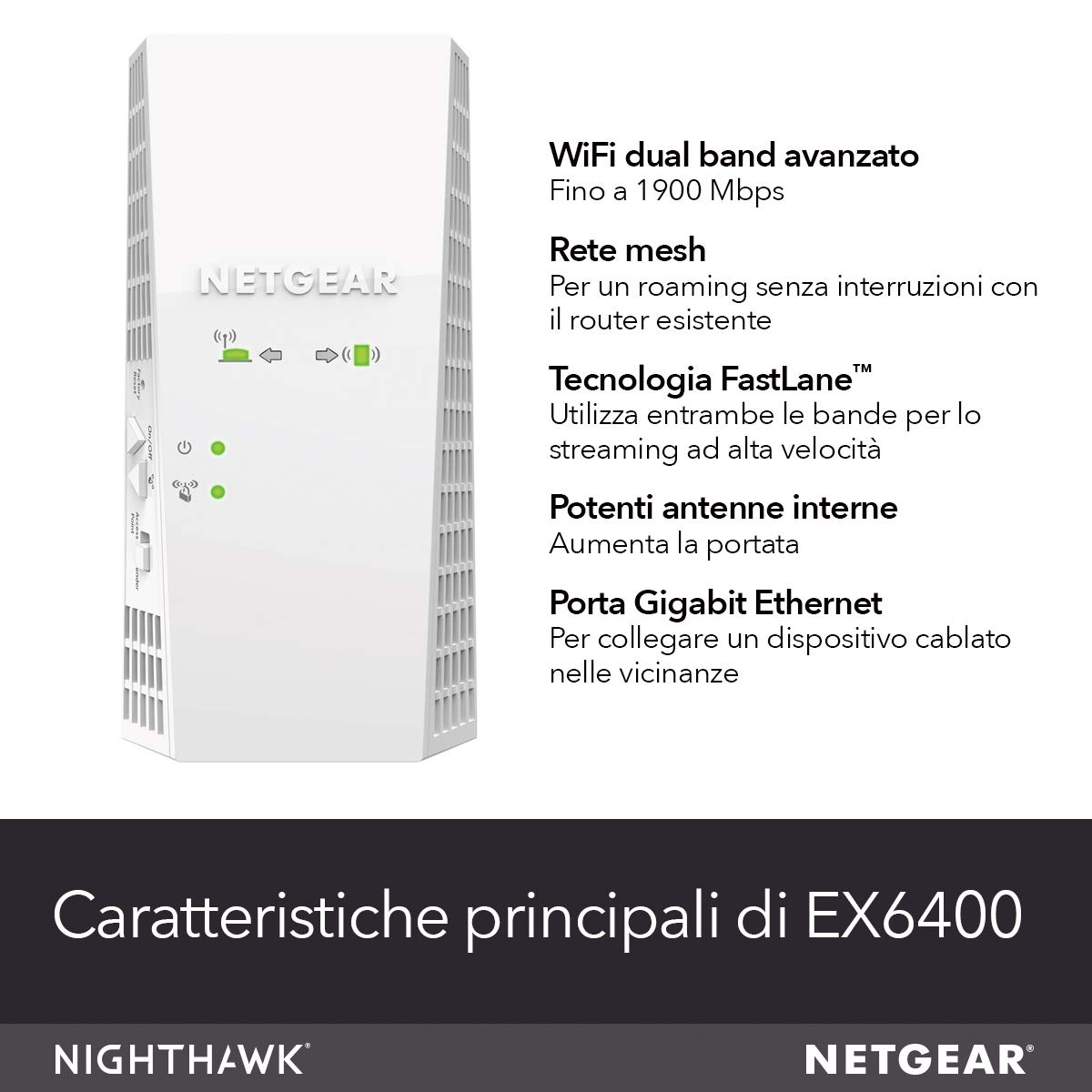 Netgear EX6400 WiFi Mesh Range Extender, Copertura fino a 160 m², 30 dispositivi con amplificatore, Ripetitore di segnale wireless dual band AC1900, Velocità fino a 1900 Mbps, Smart roaming mesh