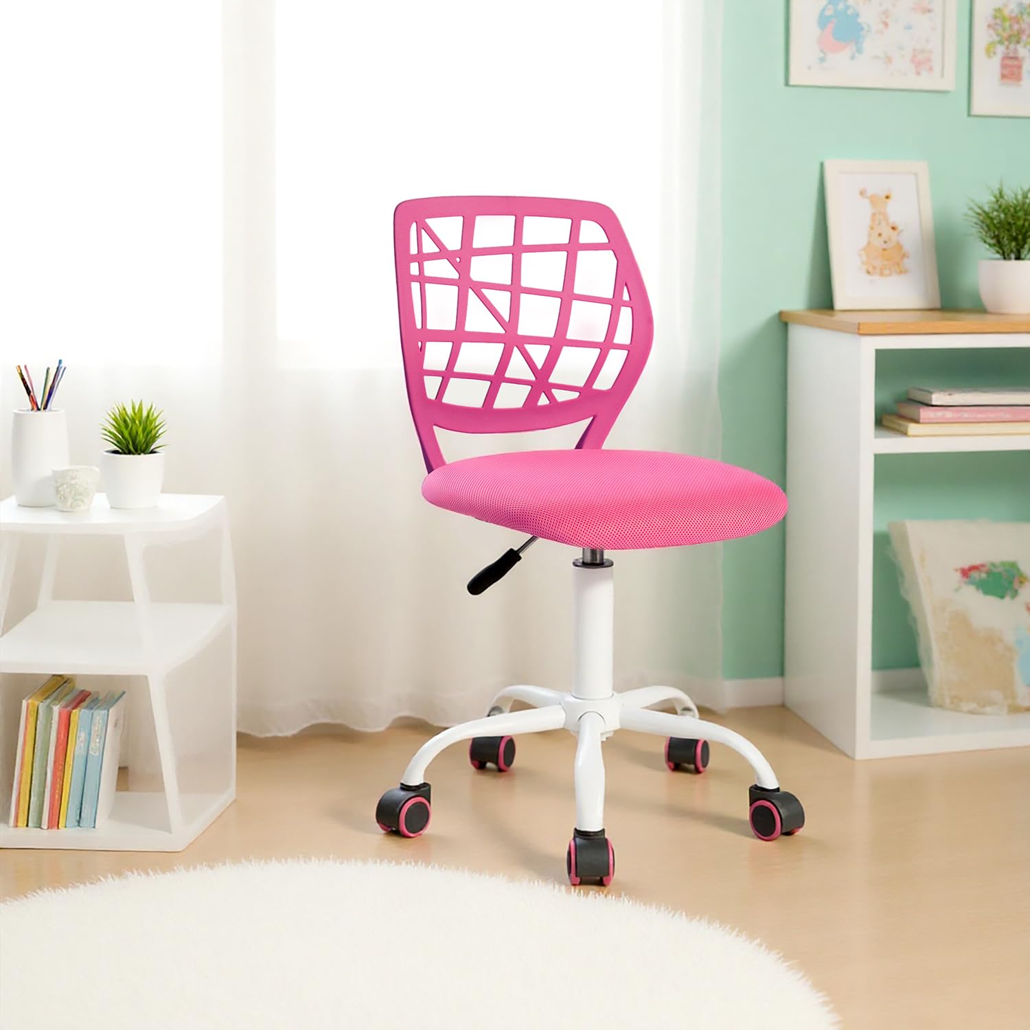 FurnitureR Sedia da scrivania per bambini, regolabile in altezza, girevole, con schienale con piccolo foro, adatta per camera dei bambini o sala studio, rosa I