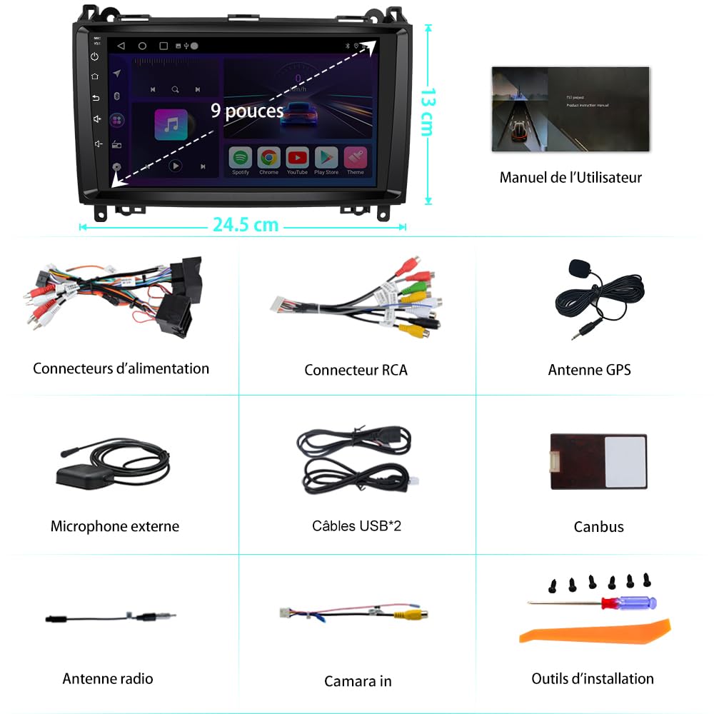 AWESAFE Autoradio Android 15 pour Mercedes Benz B200 Classe B W169 W245 W639 Vito Viano W906 [2Go+64Go] avec Carplay Android Auto 9 Pouces GPS WiFi USB FM Bluetooth Commande au Volant