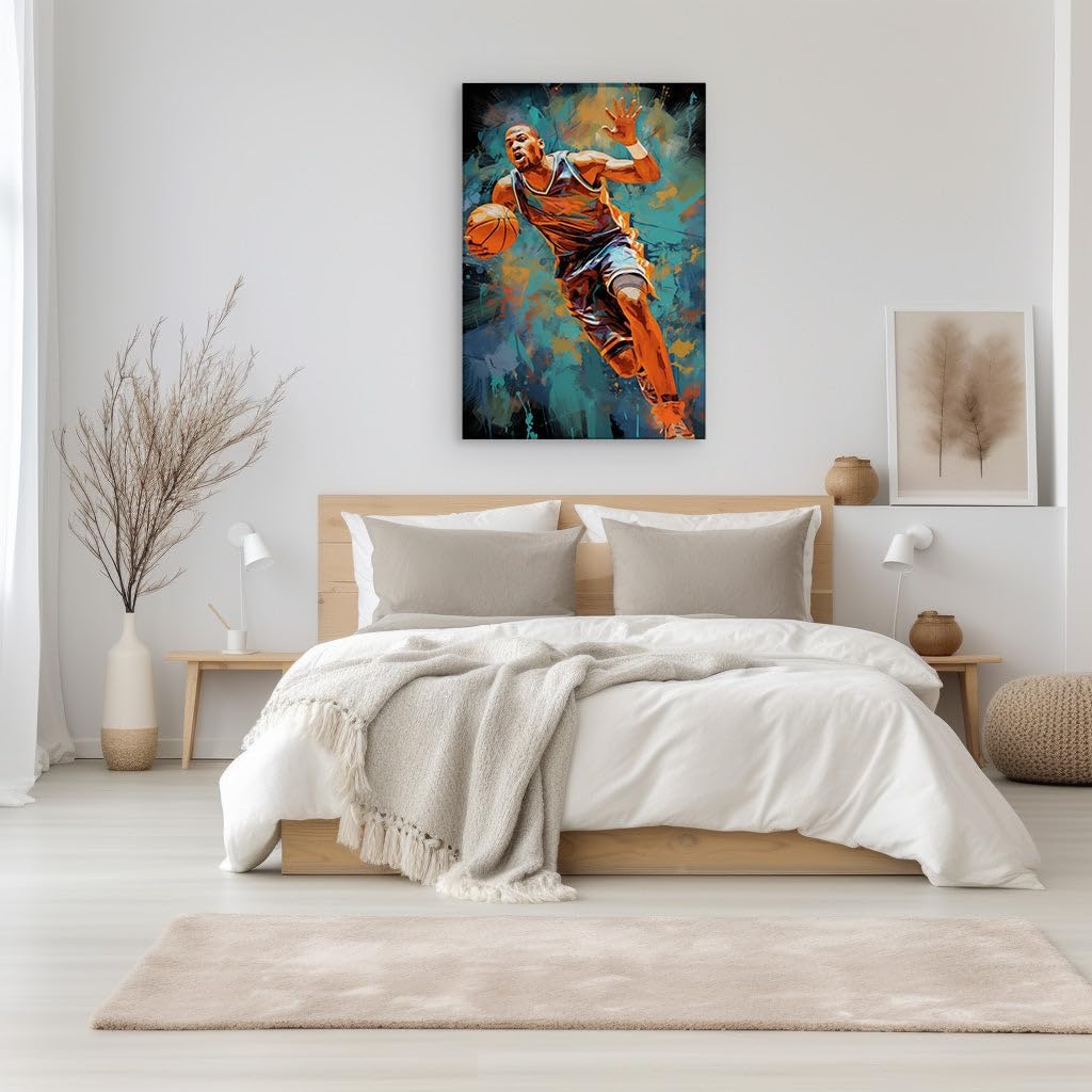 Canvas for Living room. Slam Dunk Spectacle: Capturing Motion and Color in a Vibrant Basketball Masterpiece, 27 x 18 inch Canvas Wall Art - Contemporary Masterpieces - Modern Home Decor