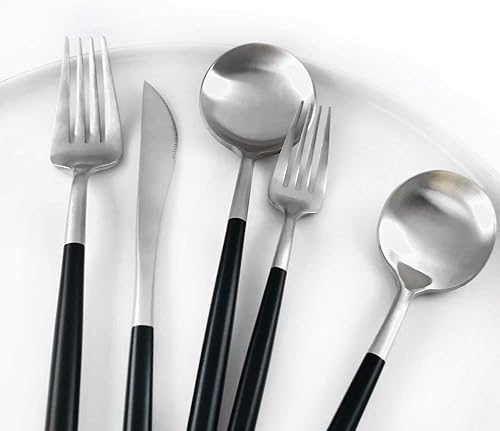 Miniatura 5 de Gugrida Juego de cubiertos de acero inoxidable 18/10 con mango negro mate, 5 piezas, incluye tenedores, cucharas, cuchillos, cubiertos de