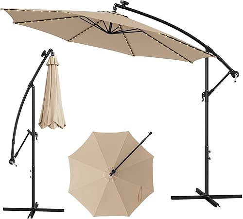 TANGKULA Paraguas solar de 10 pies, paraguas colgante voladizo inclinado con 112 luces LED, parasol iluminado para patio con manivela, paraguas de