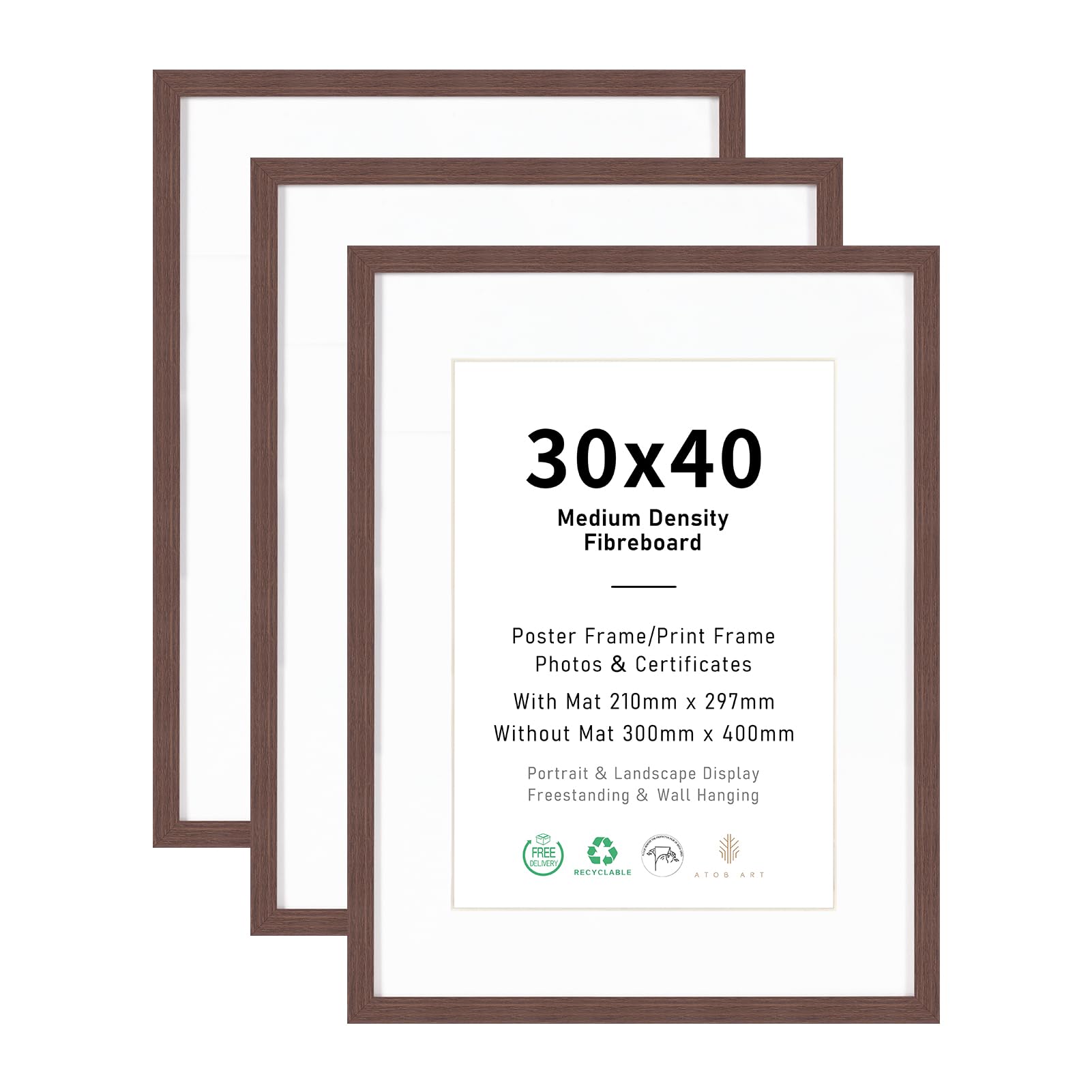 30x40 Picture Frame Set of 3, Display A4 with Mat or 30x40 without mat Images, Terracotta Brown Wood Photo Frames for Wall Mounting Display