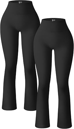 OQQ Womens 2 Piece Yoga Pants Ribbed Seamless Workout High Waist Bell Bottoms Flare Leggings