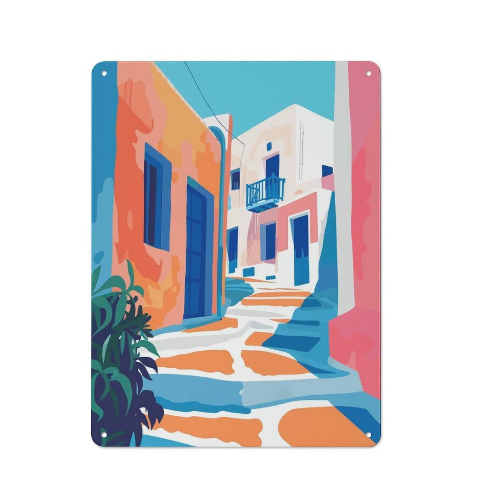 Junmoney Style-14 Tin Wall Plaque 40X30cm With Mykonos Greece Abstract For Living Room Or Hallway, For Vintage Wall Decor Fans, For Themed Room Decoration