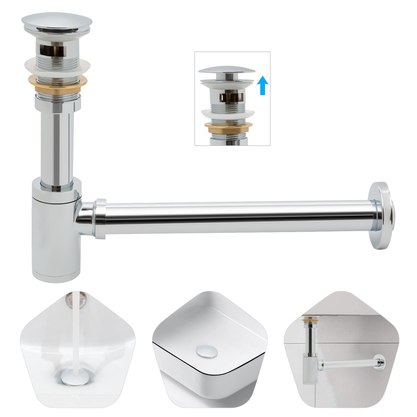 Scarico, scarico lavabo con troppopieno, rubinetto per lavandino, lavabo da bagno, scarico per 41 – 55 mm, diametro foro di 1,5 – 12 cm, altezza regolabile
