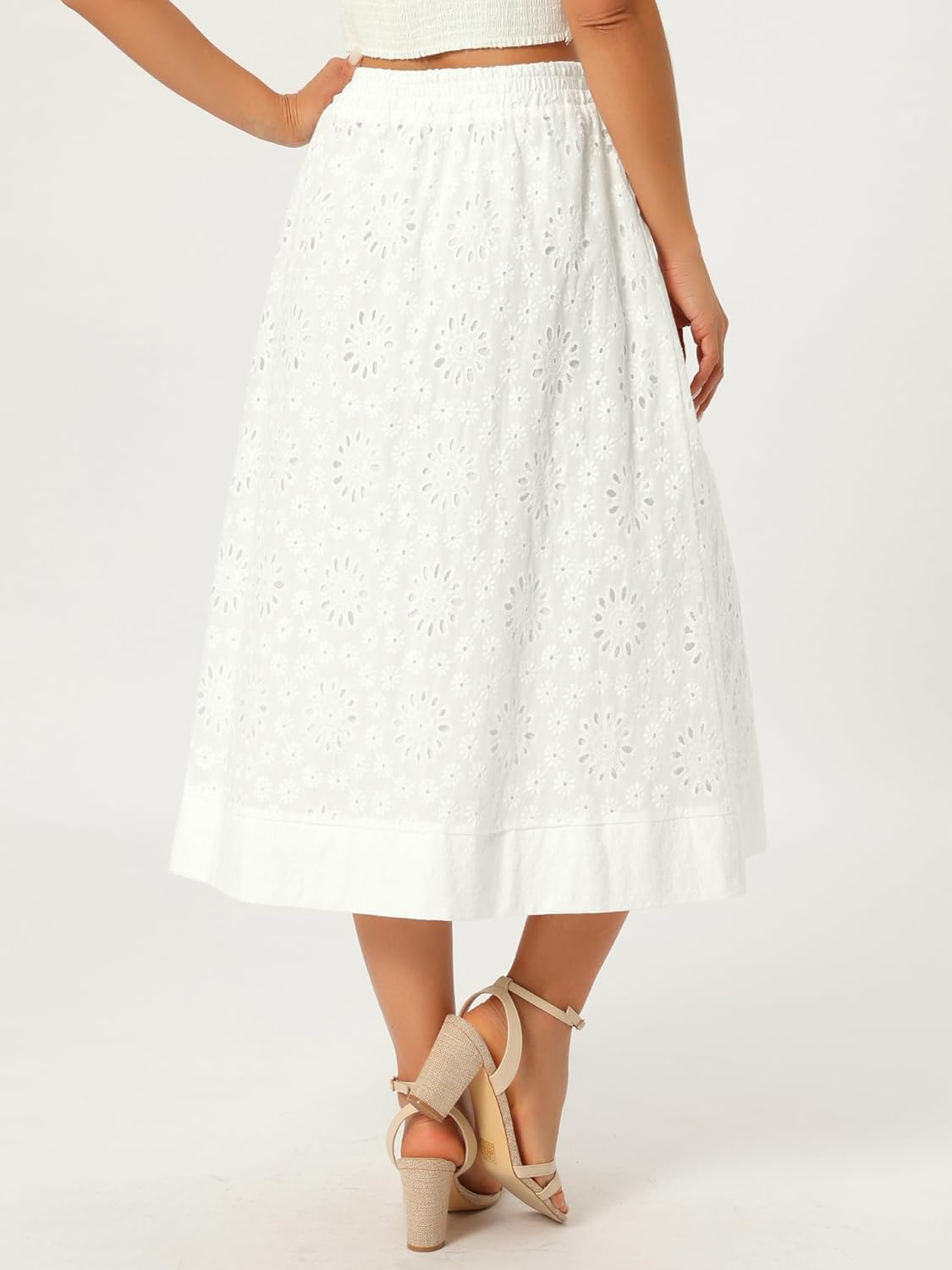 Seta T Women's Eyelet Boho Casual Skirt Elastic High Waist A-Line Cotton Embroidery Lace Beach Summer Midi Skirts