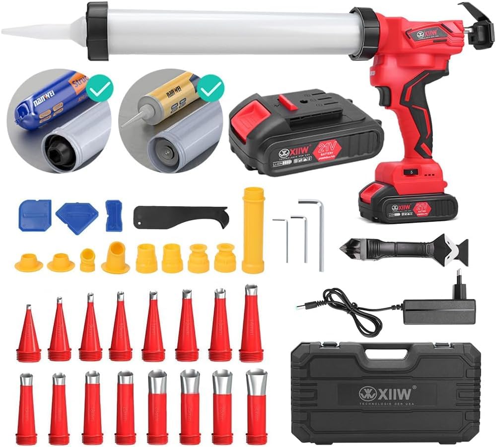 Kit professionnel de 38 pièces de presse à cartouche sans fil | Jusqu'à 7,840 N | Seringue en silicone pour cartouches de 310 ml | Vitesse de poussée 0-32 mm/s | 6...