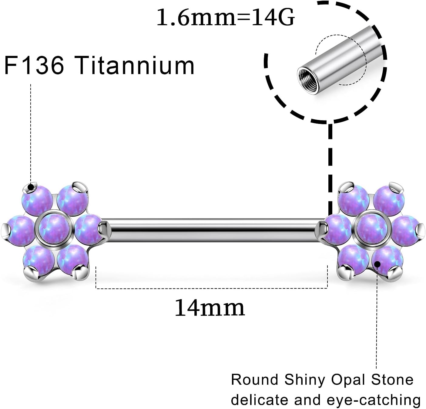 14G ASTM F136 Titanium Nipple Piercing Jewelry Flower CZ Opal Nipple Barbell Jewelry Internally Threaded G23 Solid Nipple Piercing Barbell Ring Jewelry for Women Men 14 Gauge - Image 3