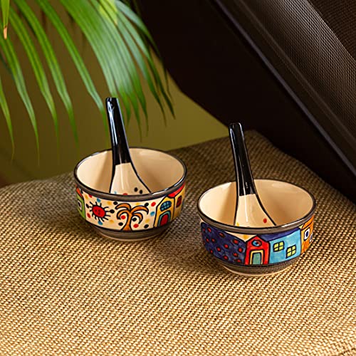 Image of ExclusiveLane 'Soupy Huts' Handpainted Ceramic Soup Bowl with Spoon Set of 2 (260 ML, Dishwasher & Microwave Safe Bowls) | Modern Soup Bowl Ceramic Bowl Set of 2 Soup Bowl Set for Kitchen