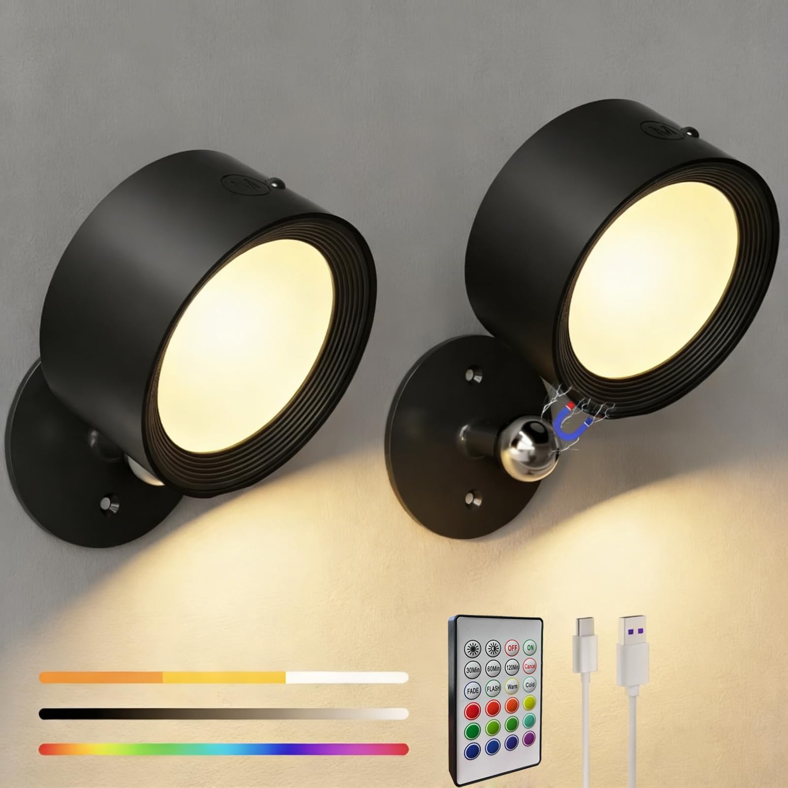 LED Rechargeable Wall Lights, 16 Colour RGB Ambient Battery Wall Light with Touch & Remote Control, 360° Rotation Dimmable Reading Lamps Wall Lighting, Wireless Night Light for Kids, Living & Bedroom