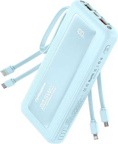 Miniatura 1 de Cargador portátil con cables incorporados, delgado 10000mAh carga rápida 22.5W banco de energía USB C pantalla LED paquete de batería 6 salidas y 2