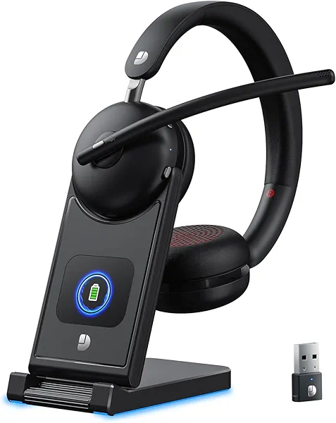 Dytole Wireless Headset with Mic for Work-Bluetooth 5.3 Headset with Noise Cancelling, Wireless Headsets with 65Hrs Battery & 10Min Fast Charge, Smart Dock with Digital Display for PC/Computer/Teams