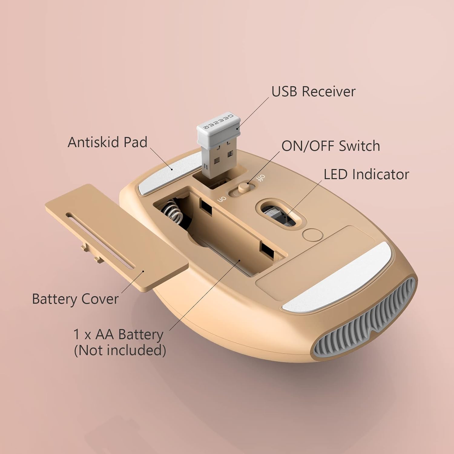 Underside of GEEZER Wireless Mouse showing battery compartment and USB receiver storage