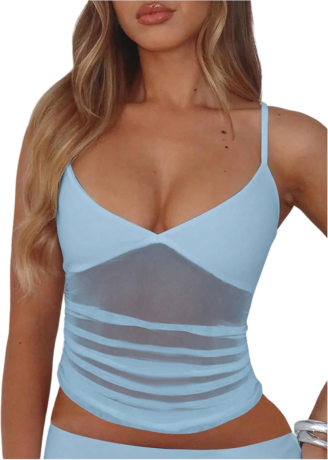 RoseSeek Women's Polka Dots Sheer Mesh Cami Tops Ruched V Neck Spaghetti Crop Top Summer Going Out Tops