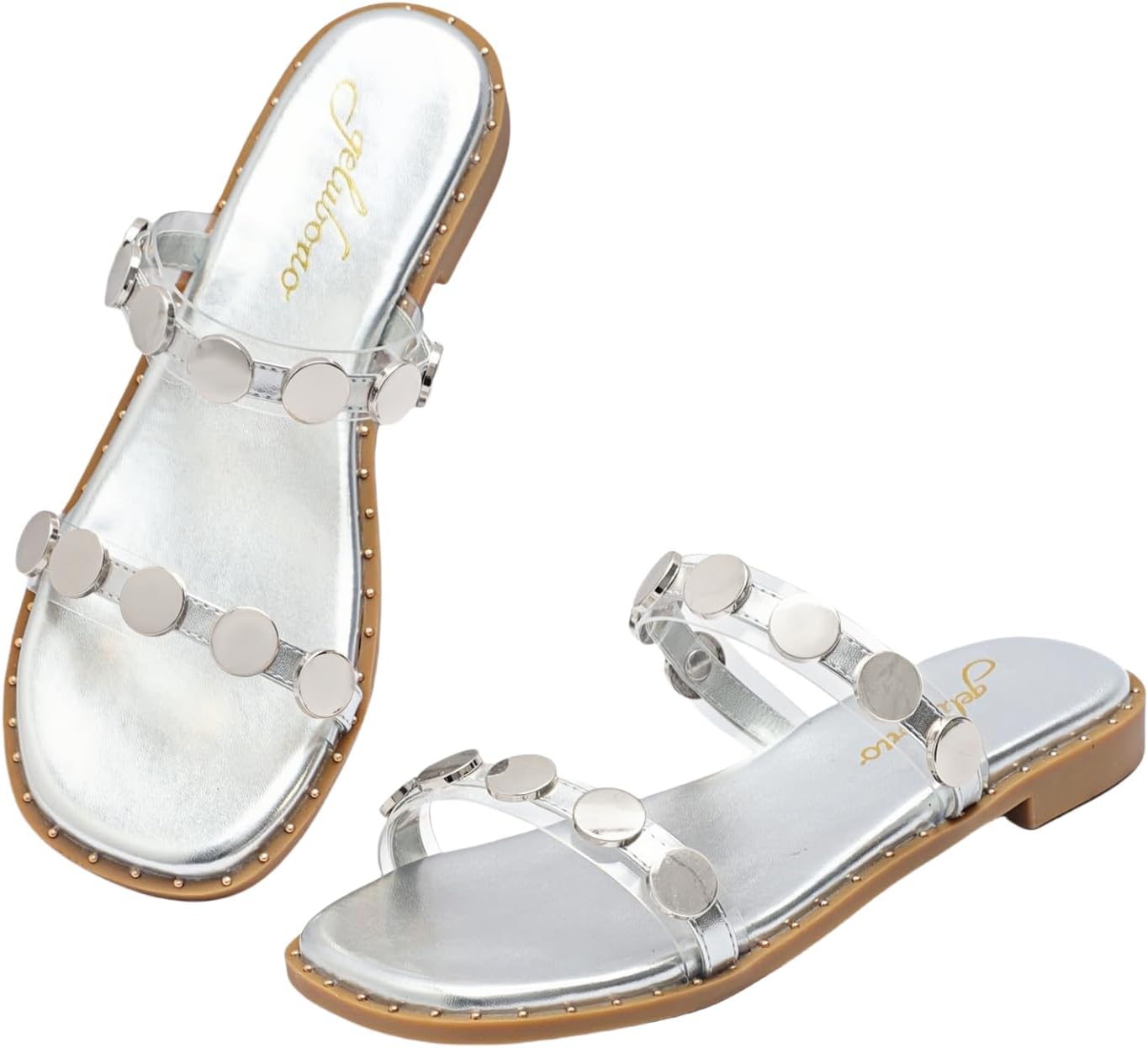 geluboao Sandals for Women 2025 Open Toe Two Band Slip On Slides Fashion Metal Circular Flat Sandals for Summer Size 6-11