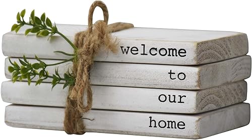 Miniatura 1 de Parisloft Welcome to Our Home - Decoración decorativa de imitación para libros, pequeña decoración del hogar atada con cordel y vegetación, letrero