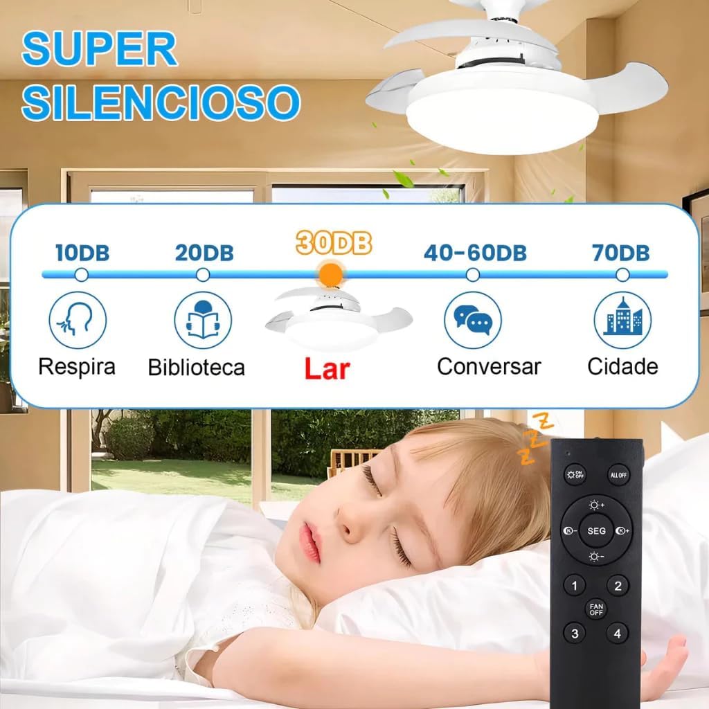Ventilador de Teto com Controle Remoto Pás Retráteis E27 LED 18W 3 Cores 4 Velocidades Motor Brushless 85-265V Ventilador de Teto com Controle Remoto Pás Retráteis E27 LED 18W 3 Cores 4 Velocidades Motor Brushless 85-265V