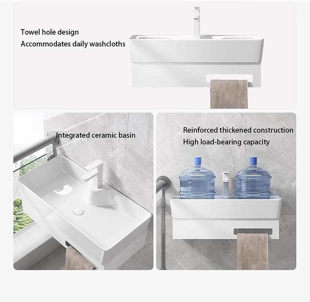 Large Wall Mount Bathroom Vessel Sink with Stainless Steel Bracket Rectangular Floating White Porcelain Ceramic Wash Basin with Tap&Drain for Tiny Home RV,White,L70*H28.5*W39