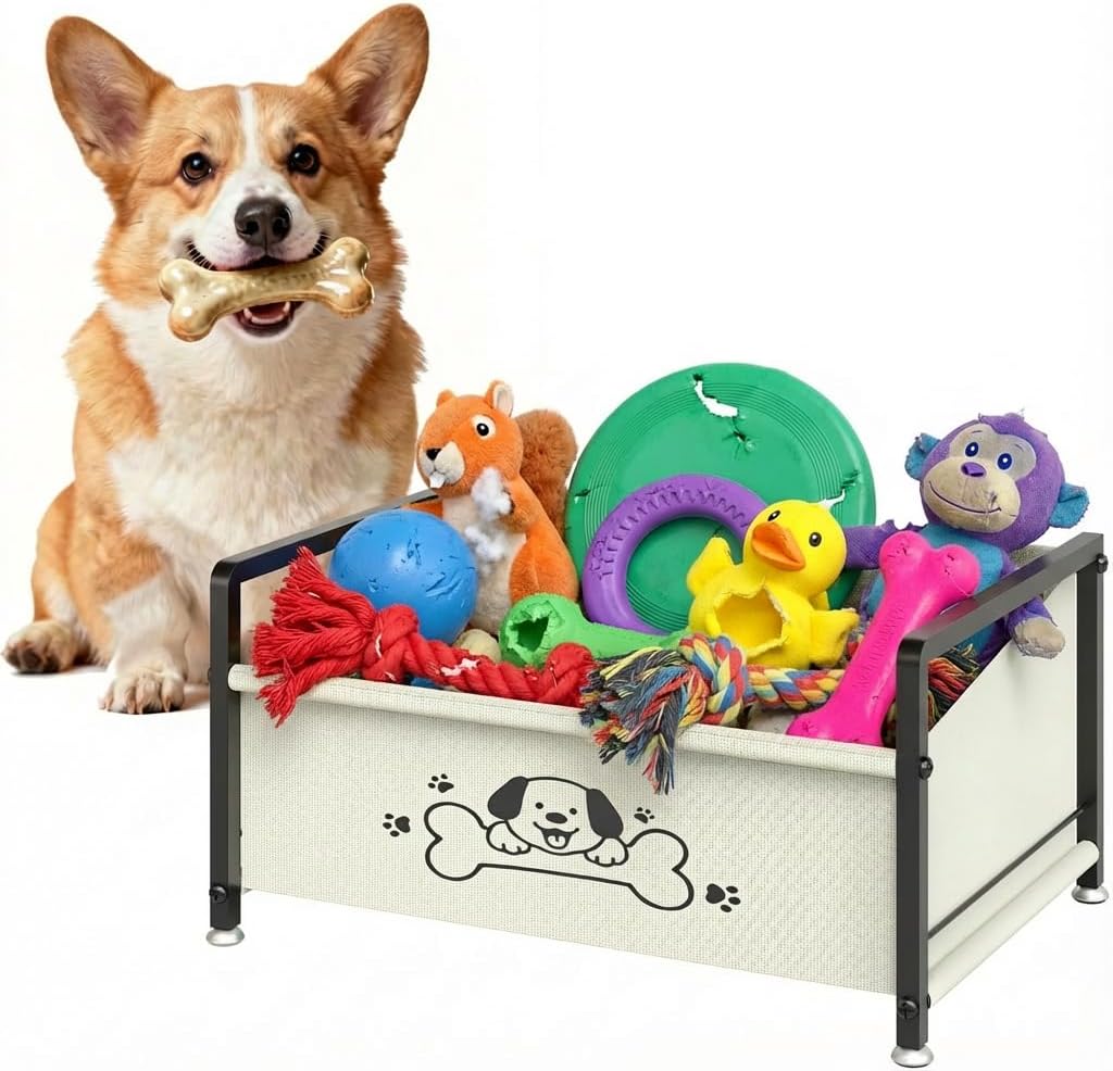 Dog Toy Box for Storage, Metal Frame Oxford Fabric Pet Toy Organizer with Raised Legs, Large Capacity Dog Toy Basket with Front Low Opening, Washable and Durable Design