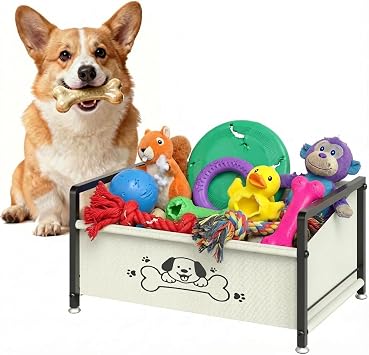 Dog Toy Box for Storage, Metal Frame Oxford Fabric Pet Toy Organizer with Raised Legs, Large Capacity Dog Toy Basket with Front Low Opening, Washable and Durable Design