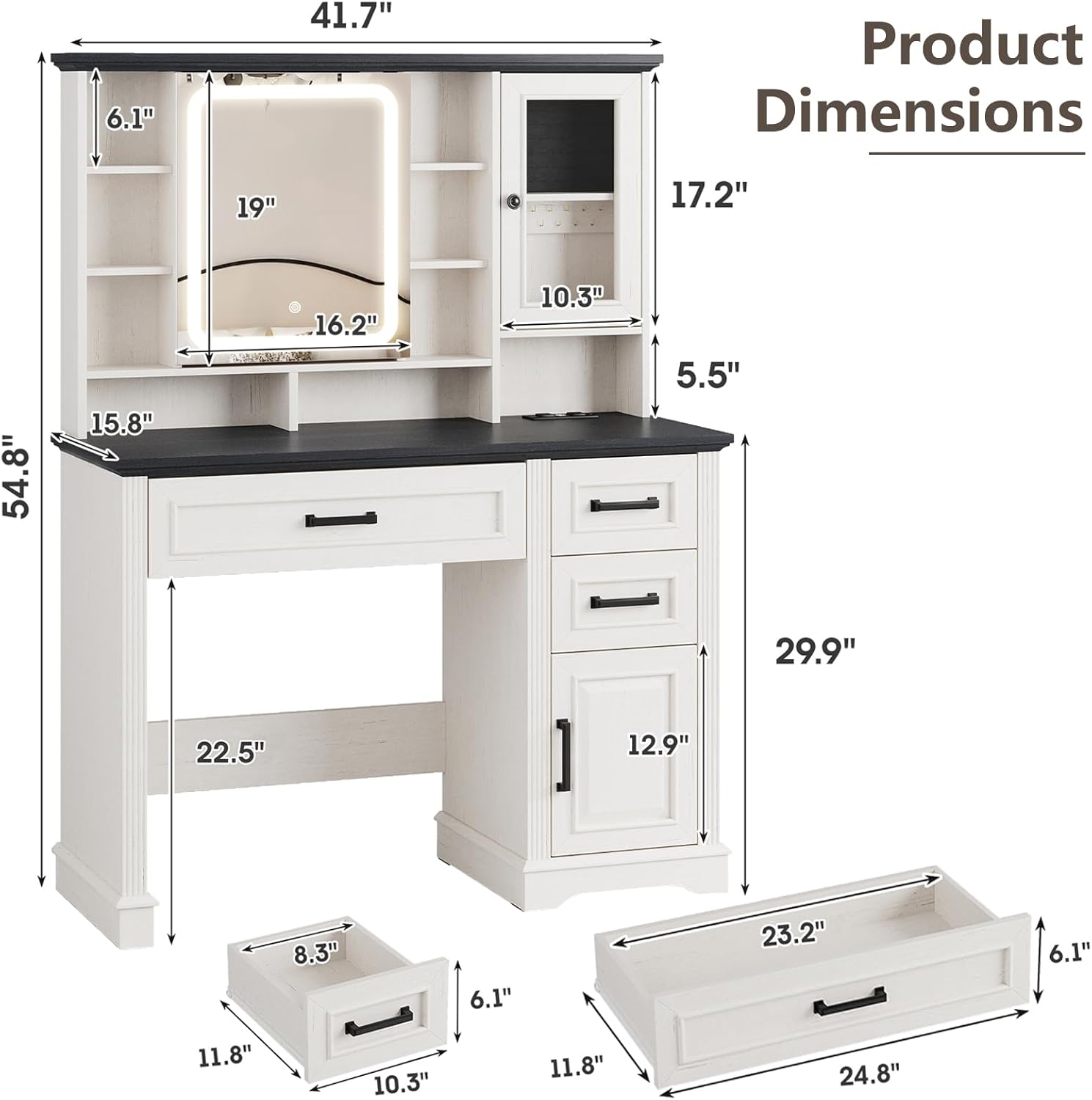 Vanity Desk with Mirror and Lights, 41.7'' W x 15.8" D x 54.8" H Large Makeup Vanity Table with 3 Drawers & Cabinets, Power Outlet, Jewelry Storage, Modern White Vanity for Girls Women Bedroom