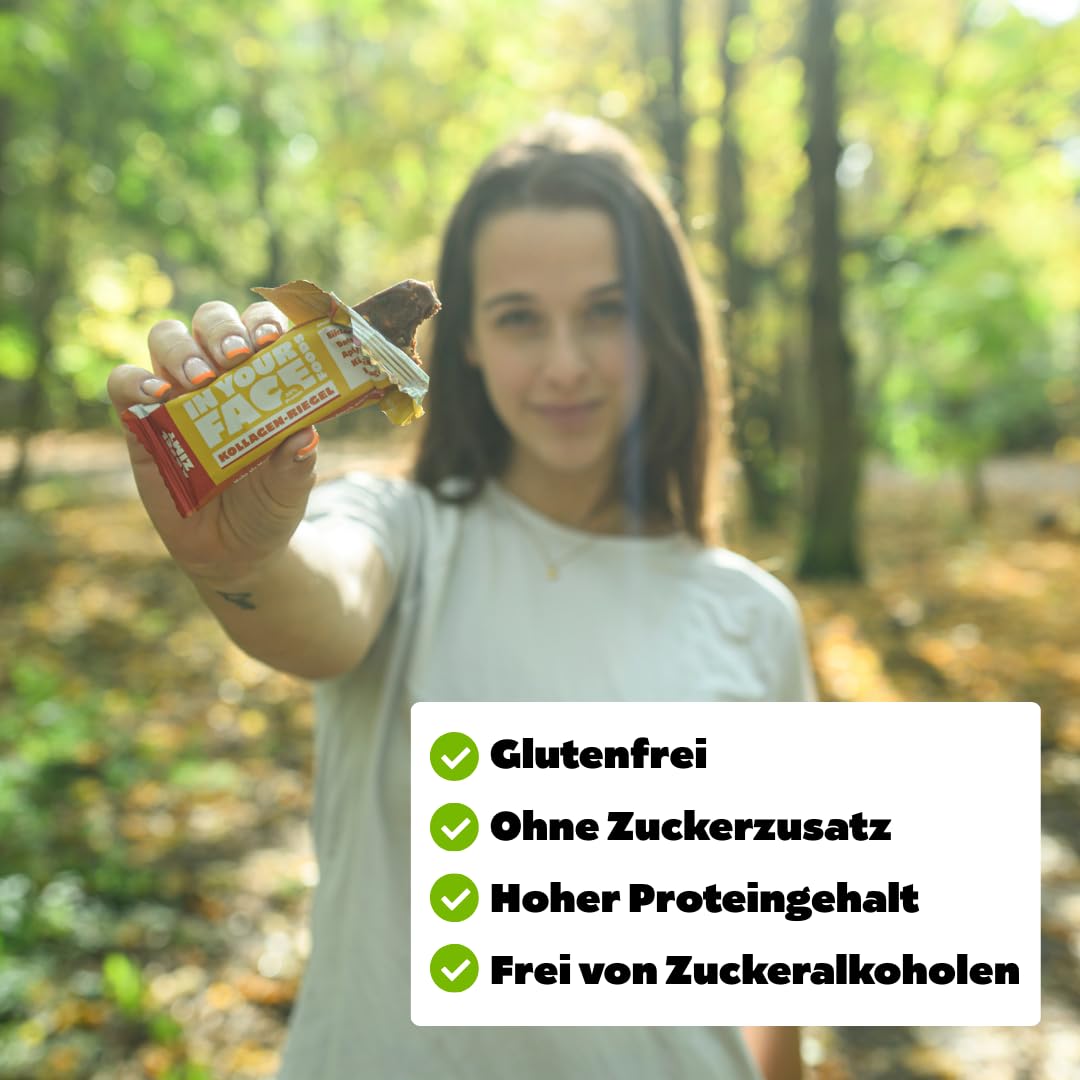 Kollagen Riegel 12er Box – Aus 100% Natürlichen Zutaten, Gesüßt Mit Datteln – Ohne Zusatz- & Süßstoffe – Gesunder Snack, Paleo & Clean Eating – 6x Schoko & 6x Apfel-Zimt – IN YOUR FACE FOODS
