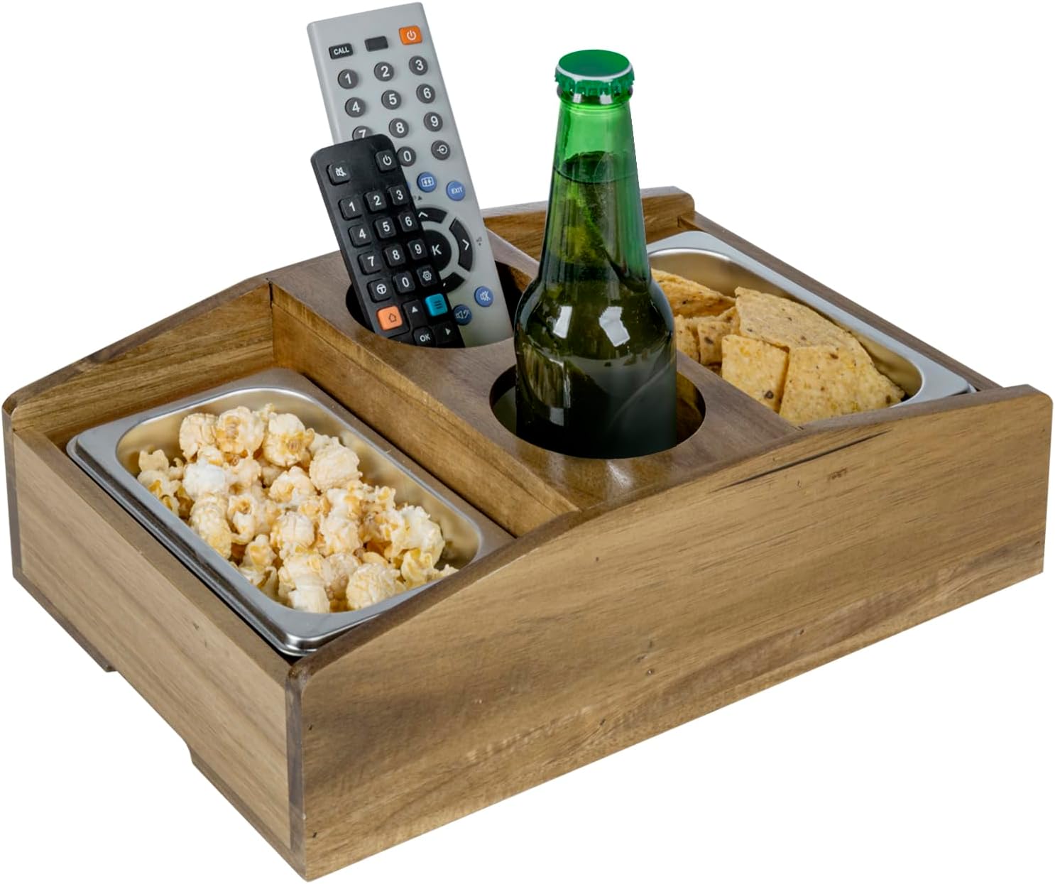 MyGift Cup Holder Tray and Couch Snack Caddy, Premium Solid Acacia Wood Sofa Beverage Drink and Snack Server with 2 Removable Metal Trays