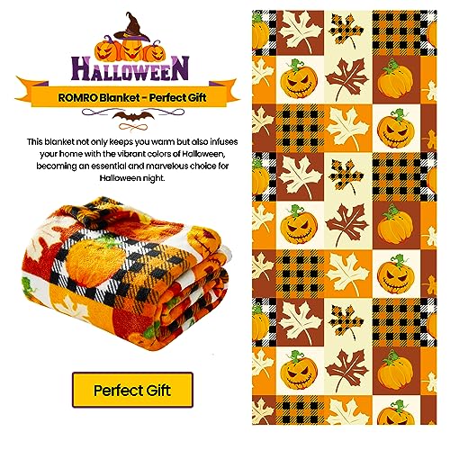 ROMROL Halloween Fleece Throw Blanket, Pumpkin, Leaves Fall Plaid Blanket, Soft Fuzzy Plush for Couch Sofa or Bed, Luxury Flannel Lap Blanket, for Kids, Adults, Wife, Self (50" x 60")