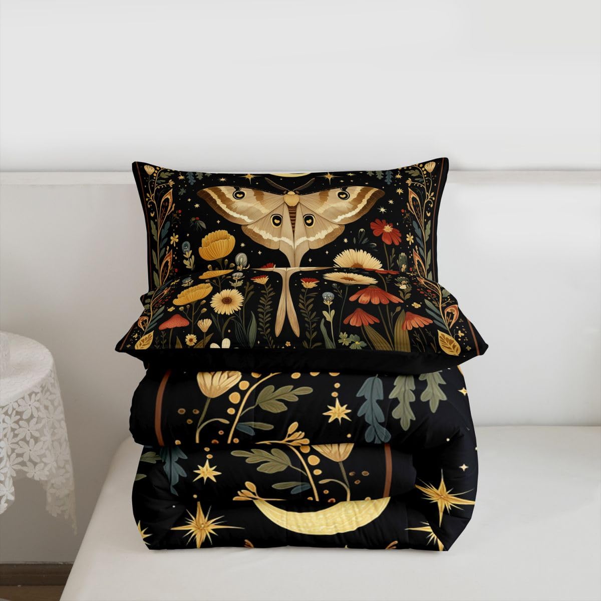 Homemissing Kołdra Moth King Size Sun Moon zestaw pościeli dla dzieci chłopców dziewcząt wystrój boho egzotyczny kwiatowy oddychający miękki lekki mikrofibra boho usta sypialnia dekoracja pościel