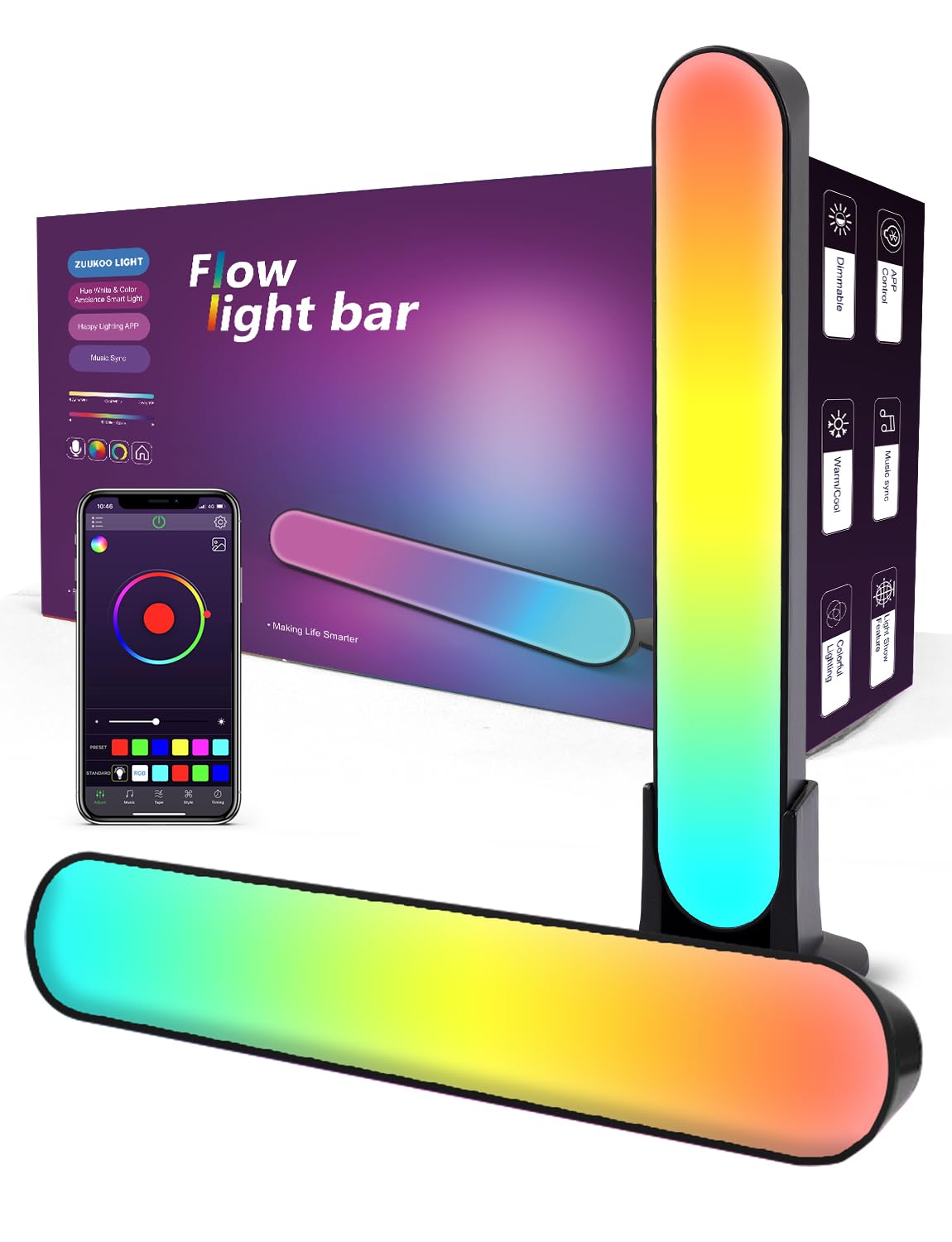 ZUUKOO LIGHTSmart Flow Light Bar, RGB Smart LED Lamp with Multiple Lighting Effects and Music Modes, 10W LED TV Backlights, Mood Light, Ambient Lighting for Gaming, Movies, PC, TV