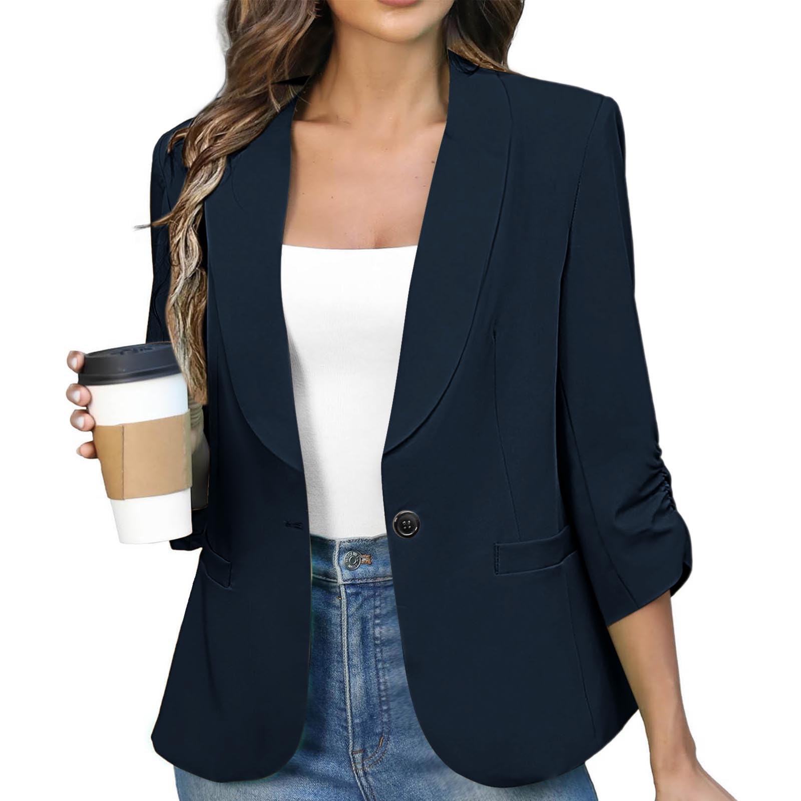 Womens Ruched 3 4 Sleeve Suit Jackets Dressy Casual Blazer Slim Fit Jacket Padded Shoulder Pockets Fully Lined