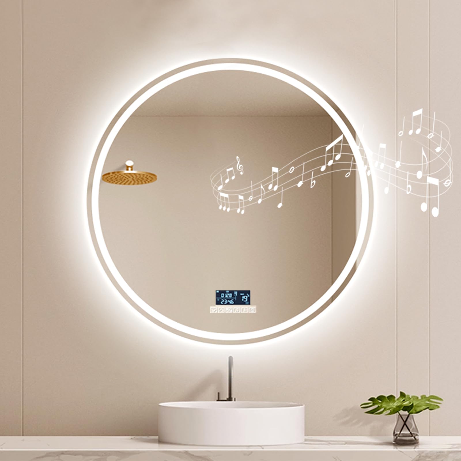 JSLJDM Bathroom MirrorRound Bathroom Mirror,Three Colors of Light,Defogging,Bluetooth Function,Bathroom Vanity Mirror for Bedroom Bedroom entryway Mantel Hallway Decoration Six Touch 100x100cm