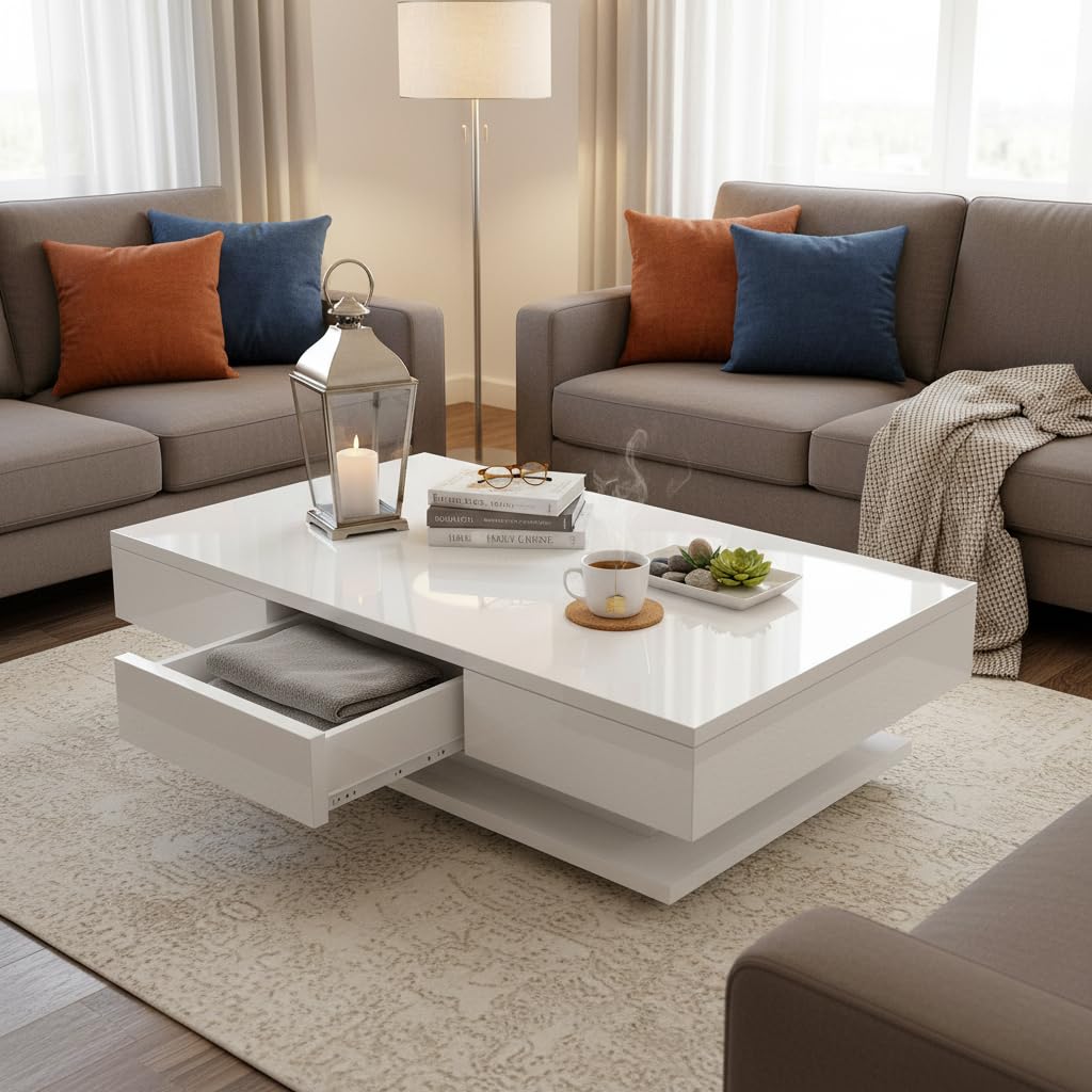 Couchtisch, Modern Sofatisch Wohnzimmertisch mit 2 Schublade, Wohnzimmertisch Hochglanz Modern, Beistelltisch Weiss mit Offenem Ausstellungsregal Weiß, 100 * 60 * 35cm(LED Nicht enthalten)
