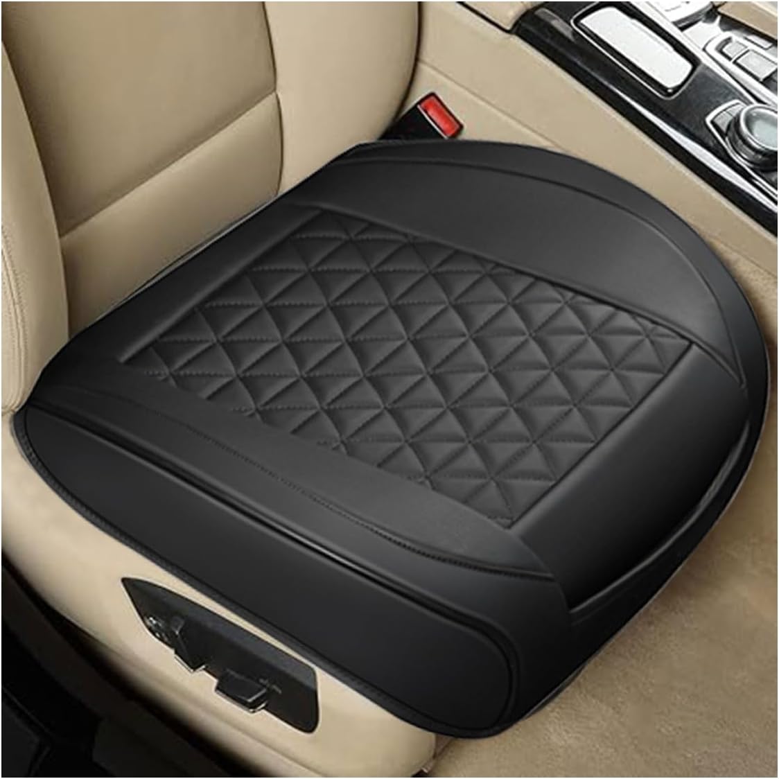 GLSOWEE Leather Car Seat Cover, Auto Front Bottom Seat Cover Luxury Car Seat Protector Anti-Slip Waterproof Cushion Cover with Storage Pocket, for Most Cars, Trucks, SUVs (Beige)
