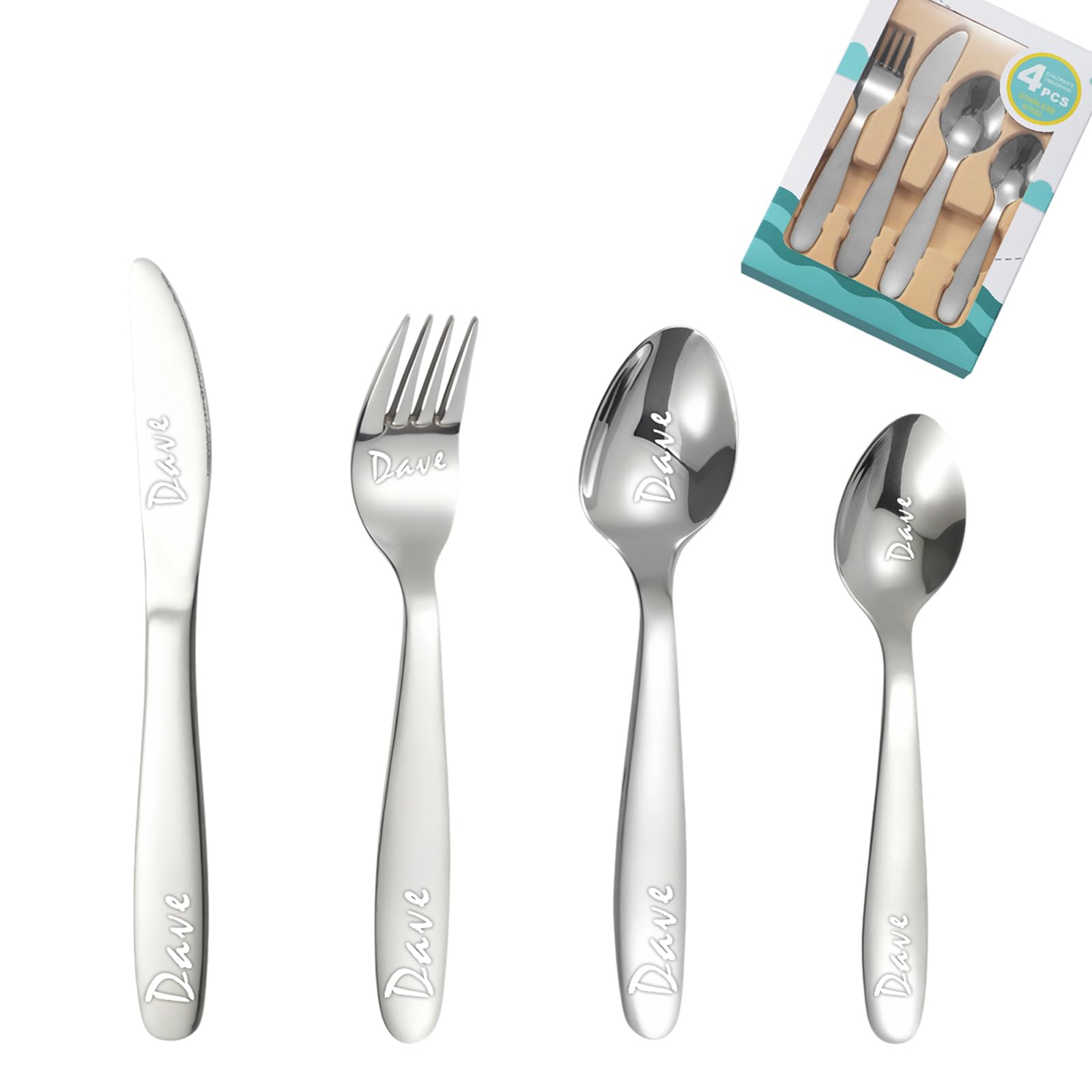 Custom Engraved Cutlery Set, 1 Set of 4 Pieces, Personalised Adult Cutlery Set, Fork, Knife, Spoon and Teaspoon Engraved Stainless Steel Flatware Set