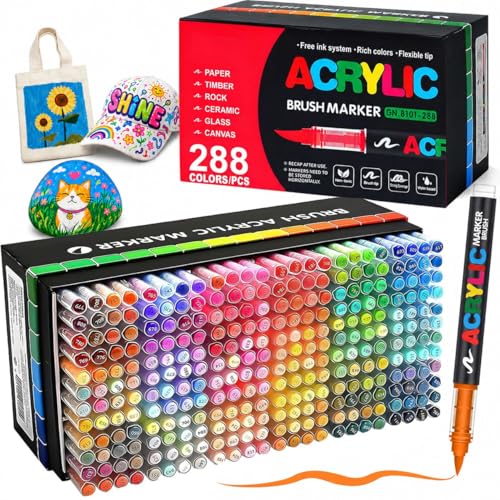 Bonala 288 Acrylstifte Set mit Pinselspitze wasserfeste Acrylmarker zum Steine bemalen für Stoff Glas Holz Keramik ideales Malset für kreative Erwachsene