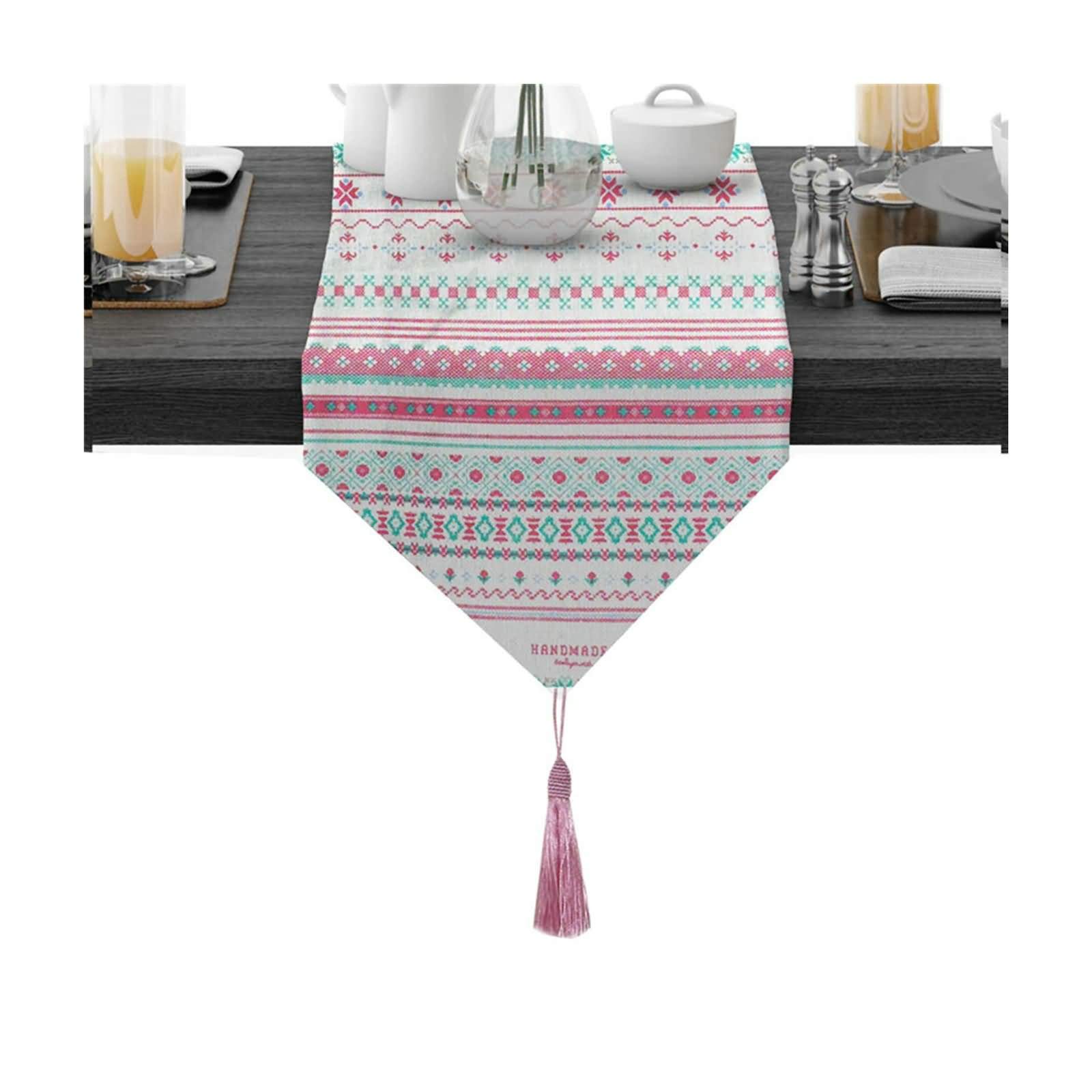 Aeici Camino de mesa de comedor largo de algodón, diseño geométrico de flores, camino de mesa de cocina, camino de mesa de 30 x 188 cm, para sala de estar, color rosa