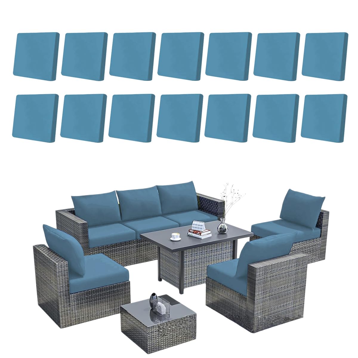 Hiseng 8/12/14 PCS Outdoor Cushion Covers Stretch Patio Cushion Covers Replacement Slipcovers Washable for Outdoor Sofa Cushions, Garden Furniture Set, Rattan Corner Sofa (Gray Blue,14 pcs)