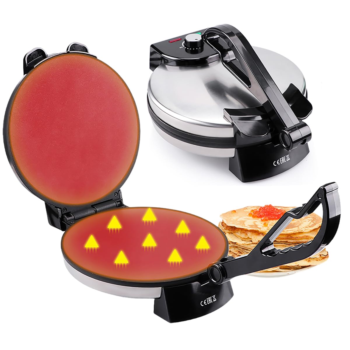 Fabricante eléctrico de chapati de 10 pulgadas Calefacción de doble cara Roti Maker Non Stick, 1800W Roti Press Tortilla Maker con mango extraíble, Temperatura ajustable Crepé inoxidable Fabricante Pa