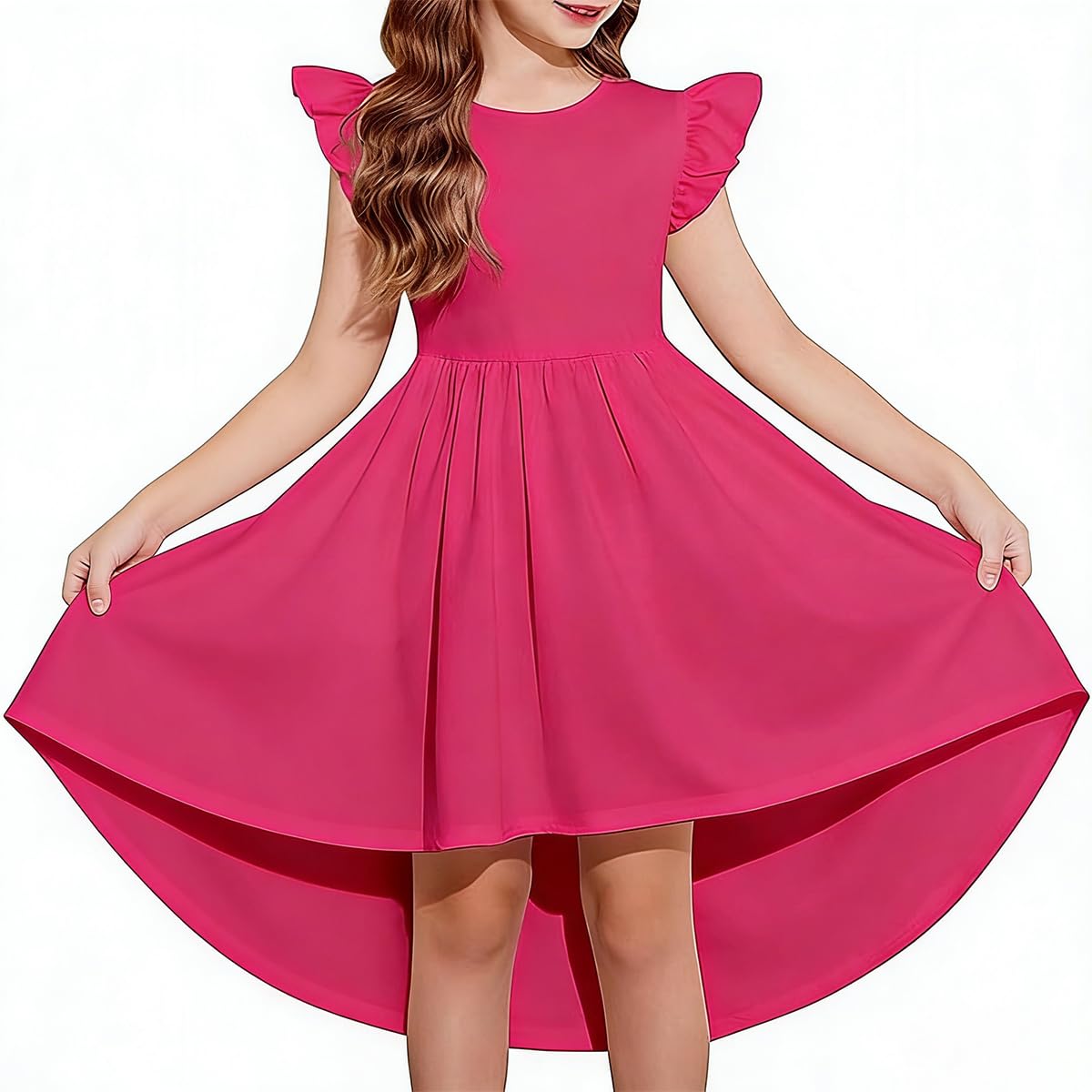 Vestido Niña Casual Corte A Dobladillo Asimétrico con Bolsillos Cuello Redondo Color Liso Elegante Vestidos para Fiesta — view 11