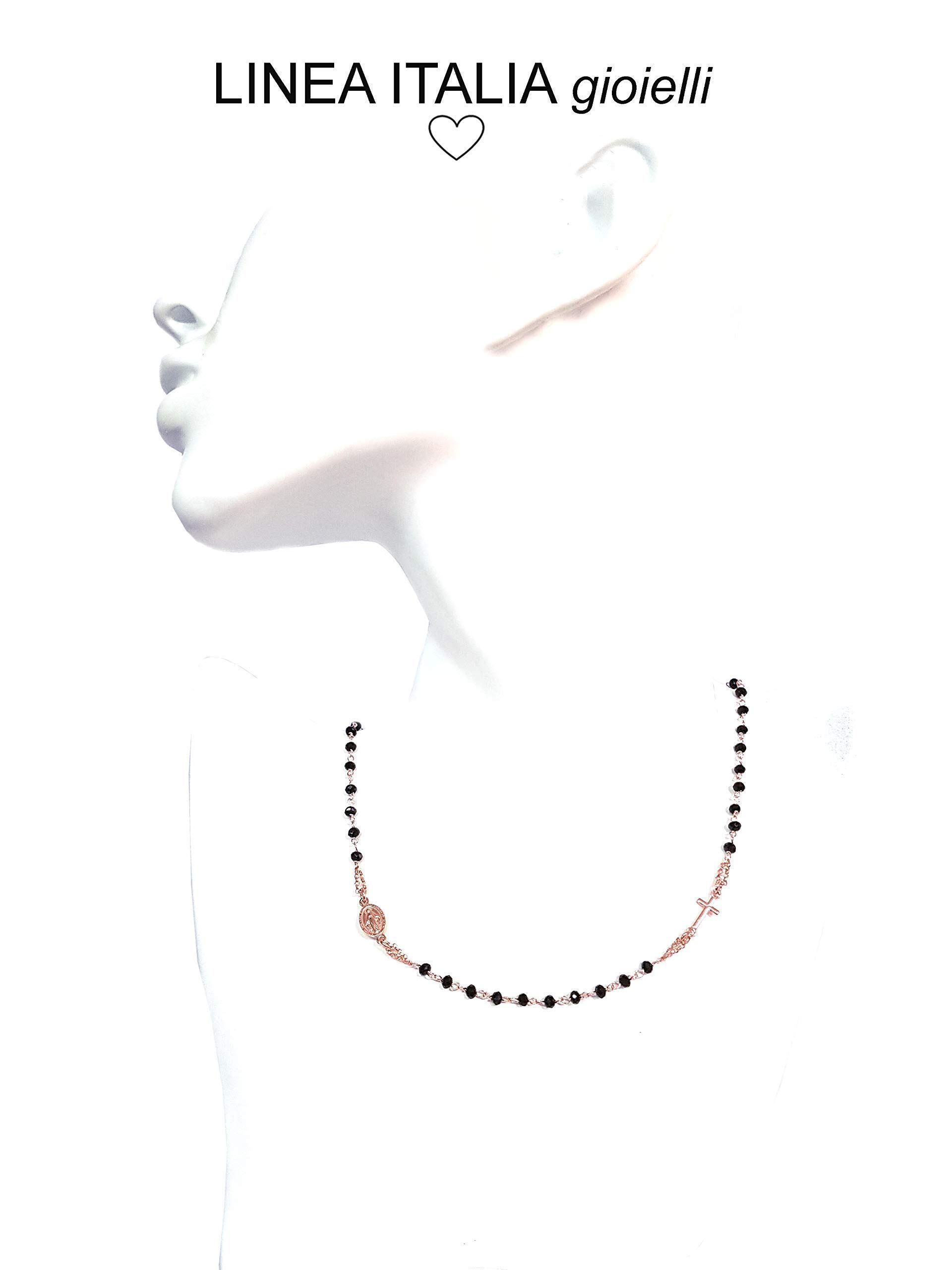 Linea Italia Gioielli - Collana Rosario Girocollo per Donna in Argento 925 Placcato Rosa con Perline Nere, Croce e Medaglietta Madonna - Linea Italia Gioielli Made In Italy